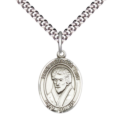 Medium Mens Oval .925 Sterling Silver Saint St. Peter Canisius Medal Pendant on 24 Inch Rhodium Plated Heavy Curb Brass Chain w/ Lobster Claw Clasp, Catholic Religious Necklace - Made in USA- Velvet Gift Box