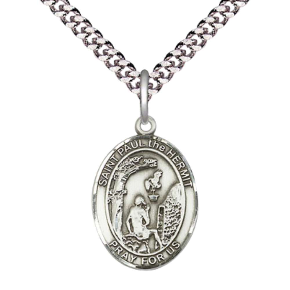 Mens Medium Oval .925 Sterling Silver Paul the Hermit Medal Pendant on 24 Inch Rhodium Plated Heavy Curb Brass Chain w/ Lobster Claw Clasp, Catholic Religious Necklace - Made in USA- Velvet Gift Box