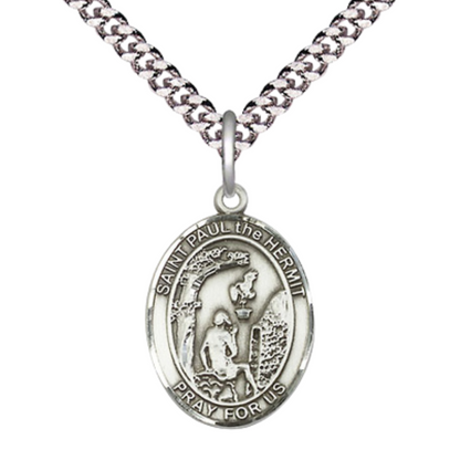 Everlasting Light Jewelry Medium Men's Pewter Paul the Hermit Medal Pendant on 24 Inch Endless Rhodium Plated Heavy Curb Brass Chain, Catholic Religious Necklace - Made in USA- Deluxe Velvet Gift Box