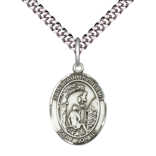 Everlasting Light Jewelry Medium Men's Pewter Paul the Hermit Medal Pendant on 24 Inch Endless Rhodium Plated Heavy Curb Brass Chain, Catholic Religious Necklace - Made in USA- Deluxe Velvet Gift Box