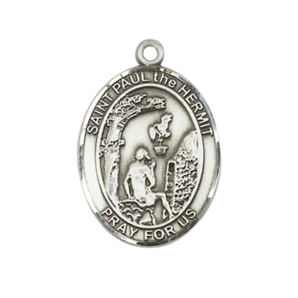 Everlasting Light Jewelry Medium Men's Pewter Paul the Hermit Medal Pendant on 24 Inch Endless Rhodium Plated Heavy Curb Brass Chain, Catholic Religious Necklace - Made in USA- Deluxe Velvet Gift Box