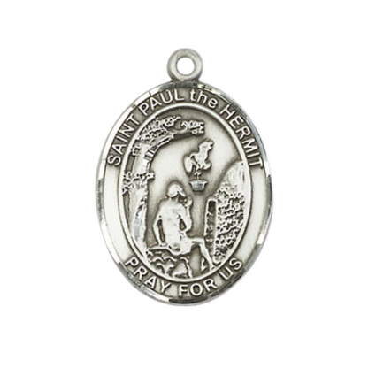 Medium Men's .925 Sterling Silver Paul the Hermit Medal Pendant on 24 Inch Endless Rhodium Plated Heavy Curb Brass Chain, Catholic Religious Necklace -Made in USA- Deluxe Velvet Gift Box