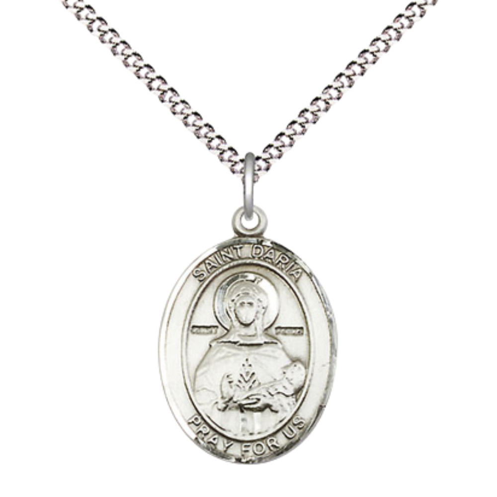 Everlasting Light Jewelry Medium Women's Pewter Saint St. Daria Pendant Necklace on 18- inch Rhodium- Plated Lite Curb Brass Chain – 3/4- inch Medal with Lobster Claw Clasp, Catholic Medal – Velvet Gift Box Included