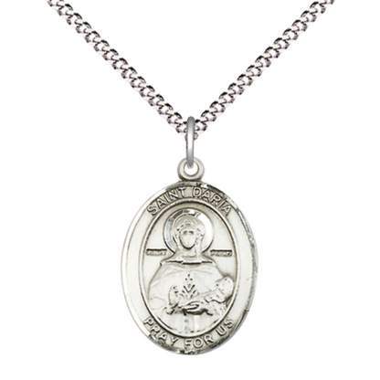 Everlasting Light Jewelry Medium Women's Pewter Saint St. Daria Pendant Necklace on 18- inch Rhodium- Plated Lite Curb Brass Chain – 3/4- inch Medal with Lobster Claw Clasp, Catholic Medal – Velvet Gift Box Included