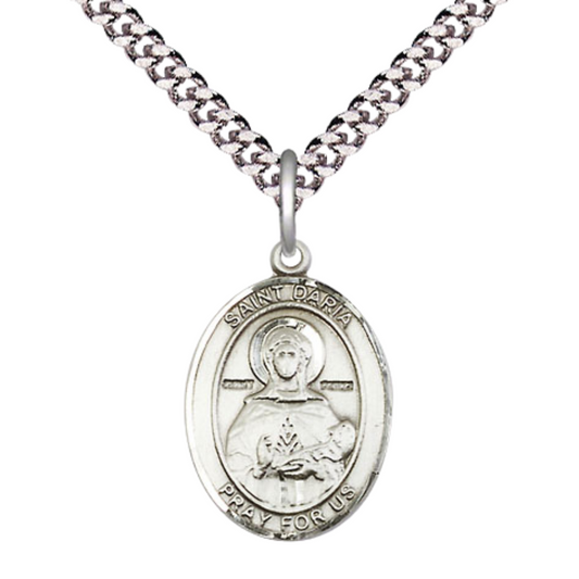 Medium Men's .925 Sterling Silver Saint St. Daria Medal Pendant on 24 Inch Endless Rhodium Plated Heavy Curb Brass Chain, Catholic Religious Necklace - Made in USA- Deluxe Velvet Gift Box