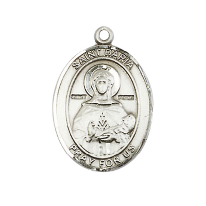 Mens Medium Oval .925 Sterling Silver Saint St. Daria Medal Pendant on 24 Inch Rhodium Plated Heavy Curb Brass Chain w/ Lobster Claw Clasp, Catholic Religious Necklace - Made in USA- Velvet Gift Box