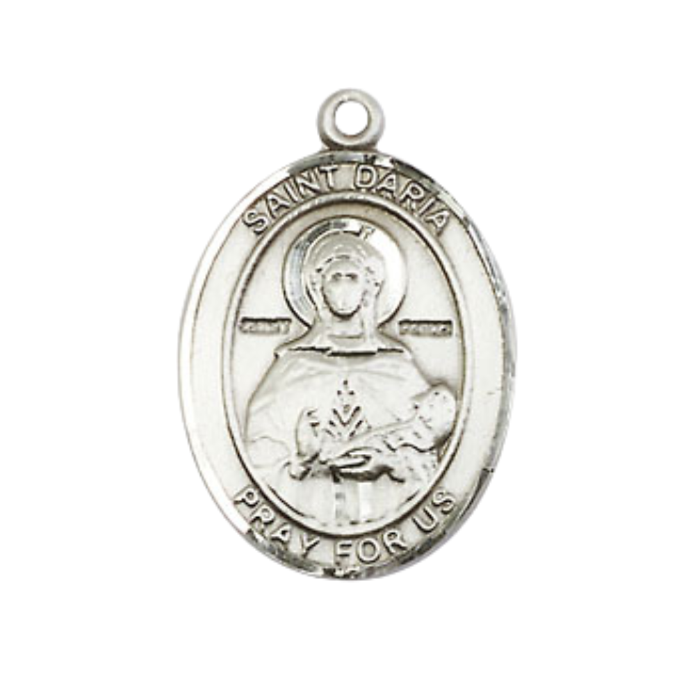 Everlasting Light Jewelry Medium Men's Pewter Saint Daria Medal Pendant on 24 Inch Endless Rhodium Plated Heavy Curb Brass Chain, Catholic Religious Necklace -Made in USA- Deluxe Velvet Gift Box
