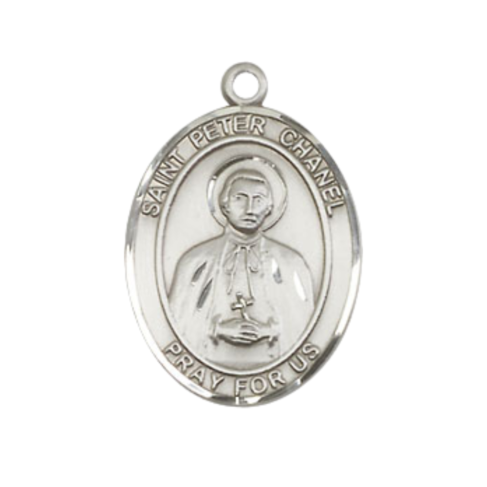 .925 Sterling Silver Saint St. Peter Chanel Oval Medium Medal Pendant on 24 Inch Endless Rhodium Plated Heavy Curb Brass Chain, Catholic Religious Necklace - Made in USA- Deluxe Velvet Gift Box