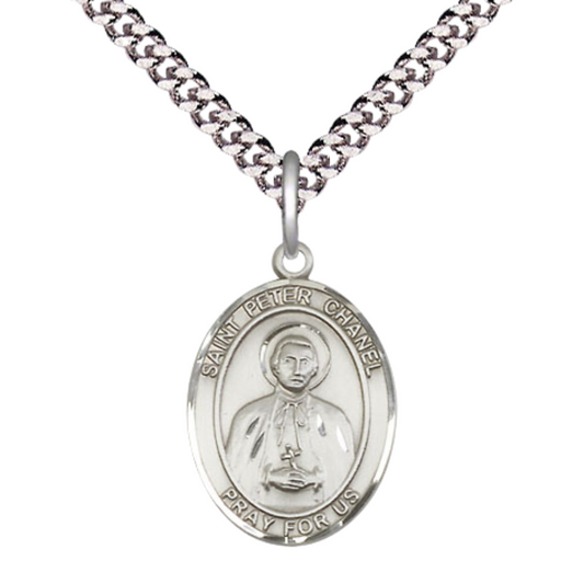 .925 Sterling Silver Saint St. Peter Chanel Oval Medium Medal Pendant on 24 Inch Endless Rhodium Plated Heavy Curb Brass Chain, Catholic Religious Necklace - Made in USA- Deluxe Velvet Gift Box