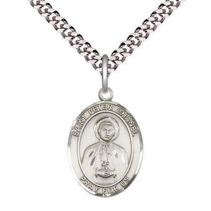 Mens Medium Oval Pewter Saint St. Peter Chanel Medal Pendant on 24 Inch Rhodium Plated Heavy Curb Brass Chain w/ Lobster Claw Clasp, Catholic Religious Necklace - Made in USA- Deluxe Velvet Gift Box