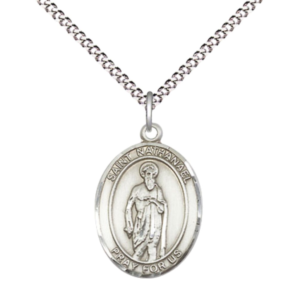 Everlasting Light Jewelry Medium Women's Pewter Saint St. Nathanael Pendant Necklace on 18- inch Rhodium- Plated Lite Curb Brass Chain – 3/4- inch Medal with Lobster Claw Clasp, Catholic Medal – Velvet Gift Box Included