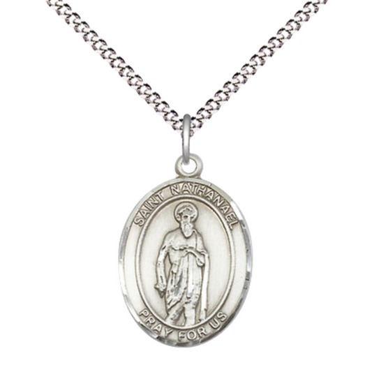 Everlasting Light Jewelry Medium Women's .925 Sterling Silver Saint St. Nathanael Pendant Necklace on 18- inch Rhodium- Plated Lite Curb Brass Chain, Catholic Medal – Velvet Gift Box Included