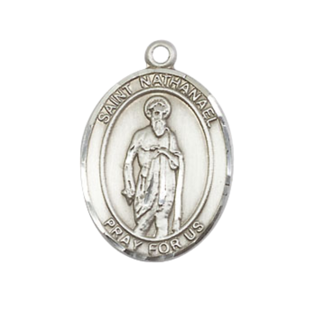 Everlasting Light Jewelry Medium Men's Pewter Saint St. Nathanael Medal Pendant on 24 Inch Endless Rhodium Plated Heavy Curb Brass Chain, Catholic Religious Necklace - Made in USA- Deluxe Velvet Gift Box