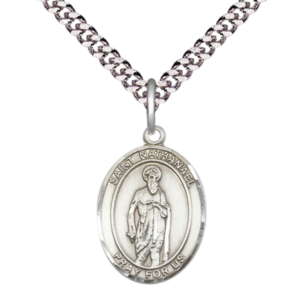 Everlasting Light Jewelry Medium Men's Pewter Saint St. Nathanael Medal Pendant on 24 Inch Endless Rhodium Plated Heavy Curb Brass Chain, Catholic Religious Necklace - Made in USA- Deluxe Velvet Gift Box