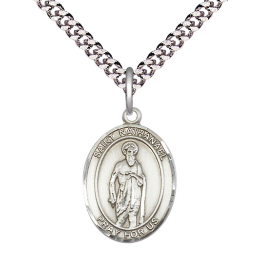 Everlasting Light Jewelry Medium Men's Pewter Saint St. Nathanael Medal Pendant on 24 Inch Endless Rhodium Plated Heavy Curb Brass Chain, Catholic Religious Necklace - Made in USA- Deluxe Velvet Gift Box