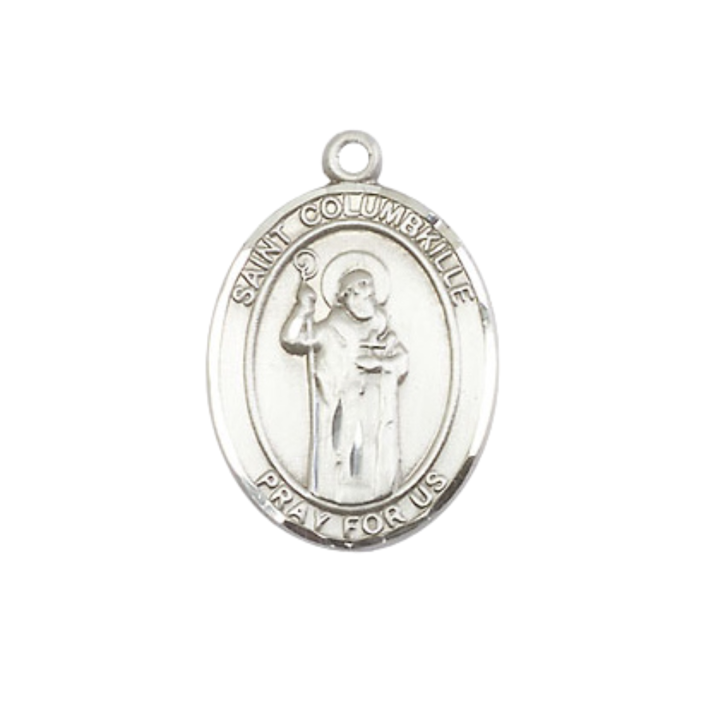 Everlasting Light Jewelry Medium Women's Pewter Saint St. Columbkille Pendant Necklace on 18- inch Rhodium- Plated Lite Curb Brass Chain – 3/4- inch Medal with Lobster Claw Clasp, Catholic Medal – Velvet Gift Box Included