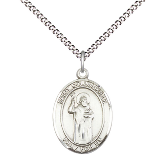 Everlasting Light Jewelry Medium Women's Sterling Silver Saint Columbkille Pendant Necklace on 18-inch Rhodium-Plated Lite Curb Brass Chain – Velvet Gift Box Included