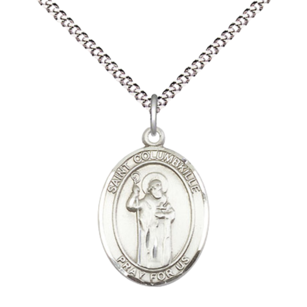 Everlasting Light Jewelry Medium Women's Pewter Saint St. Columbkille Pendant Necklace on 18- inch Rhodium- Plated Lite Curb Brass Chain – 3/4- inch Medal with Lobster Claw Clasp, Catholic Medal – Velvet Gift Box Included