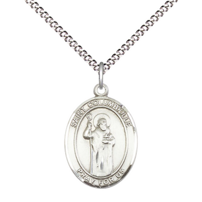 Everlasting Light Jewelry Medium Women's Pewter Saint St. Columbkille Pendant Necklace on 18- inch Rhodium- Plated Lite Curb Brass Chain – 3/4- inch Medal with Lobster Claw Clasp, Catholic Medal – Velvet Gift Box Included