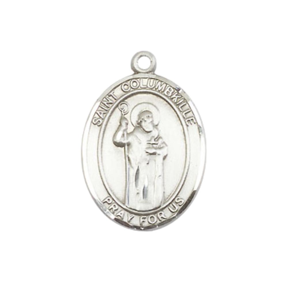 Medium Men's .925 Sterling Silver Saint St. Columbkille Medal Pendant on 24 Inch Endless Rhodium Plated Heavy Curb Brass Chain, Catholic Religious Necklace - Made in USA- Deluxe Velvet Gift Box