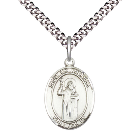 Everlasting Light Jewelry Medium Men's Pewter Saint Columbkille Medal Pendant on 24 Inch Endless Rhodium Plated Heavy Curb Brass Chain, Catholic Religious Necklace -Made in USA- Deluxe Velvet Gift Box