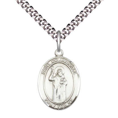 Mens Medium Oval Pewter Saint St. Columbkille Medal Pendant on 24 Inch Rhodium Plated Heavy Curb Brass Chain with Lobster Claw Clasp, Catholic Religious Necklace - Made in USA- Deluxe Velvet Gift Box