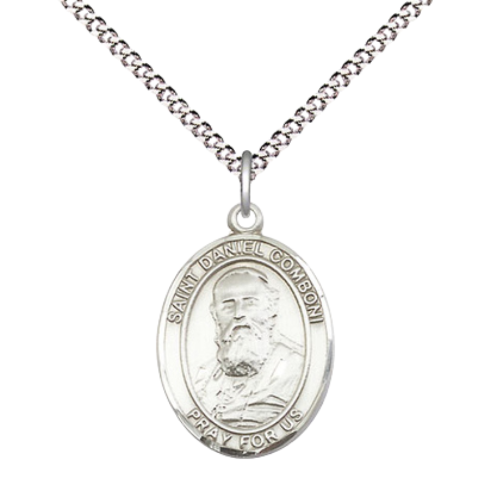 Everlasting Light Jewelry Medium Women's Pewter Saint St. Daniel Comboni Pendant Necklace on 18- inch Rhodium- Plated Lite Curb Brass Chain – 3/4- inch Medal with Lobster Claw Clasp, Catholic Medal – Velvet Gift Box Included