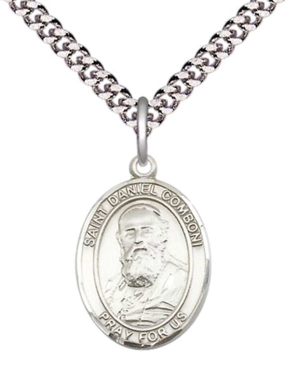 Everlasting Light Jewelry Medium Men's Pewter Saint St. Daniel Comboni Medal Pendant on 24 Inch Endless Rhodium Plated Heavy Curb Brass Chain, Catholic Religious Necklace - Made in USA- Deluxe Velvet Gift Box