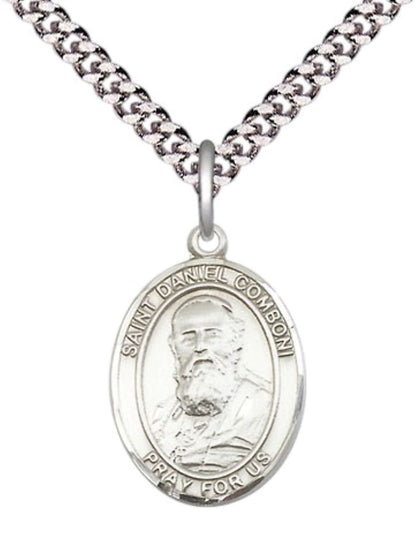 Medium Men's .925 Sterling Silver Saint Daniel Comboni Medal Pendant on 24 Inch Endless Rhodium Plated Heavy Curb Brass Chain, Catholic Religious Necklace -Made in USA- Deluxe Velvet Gift Box