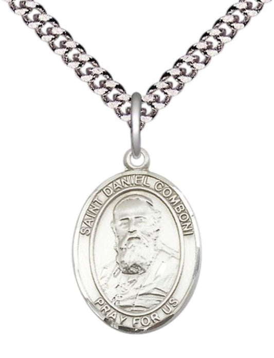 Medium Men's .925 Sterling Silver Saint Daniel Comboni Medal Pendant on 24 Inch Endless Rhodium Plated Heavy Curb Brass Chain, Catholic Religious Necklace -Made in USA- Deluxe Velvet Gift Box