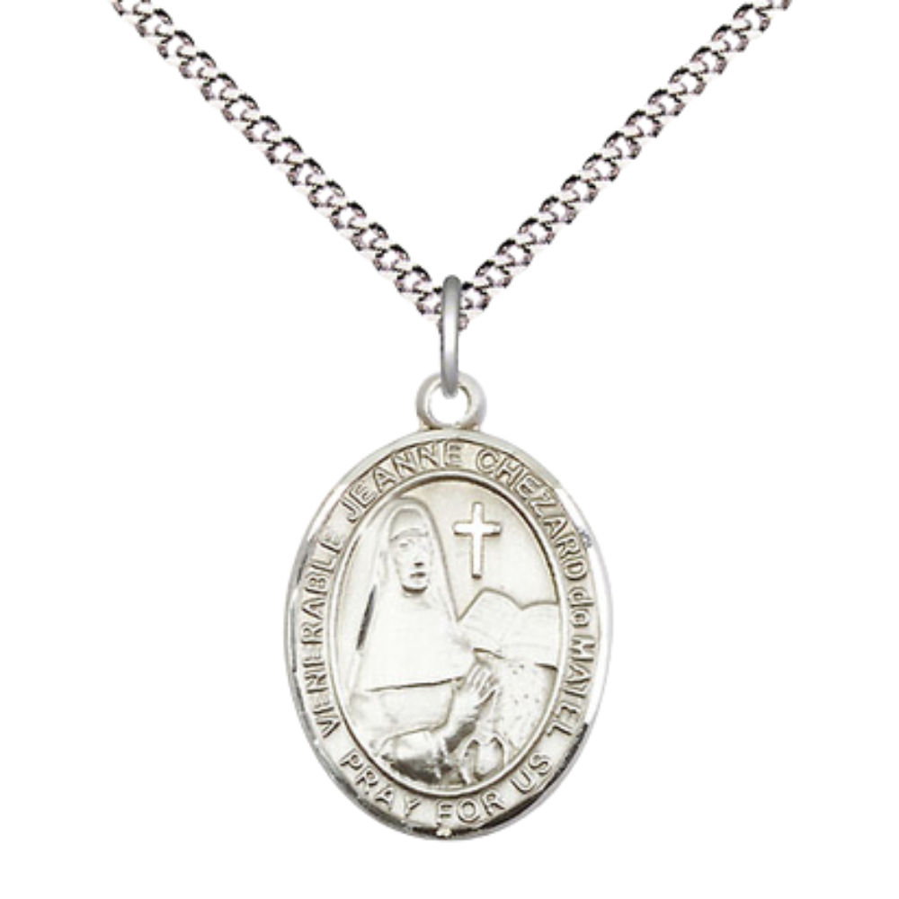Everlasting Light Jewelry Medium Women's .925 Sterling Silver Jeanne Chezard de Matel Pendant Necklace on 18- inch Rhodium- Plated Lite Curb Brass Chain, Catholic Medal – Velvet Gift Box Included
