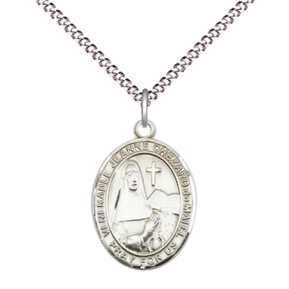 Everlasting Light Jewelry Medium Women's .925 Sterling Silver Jeanne Chezard de Matel Pendant Necklace on 18- inch Rhodium- Plated Lite Curb Brass Chain, Catholic Medal – Velvet Gift Box Included