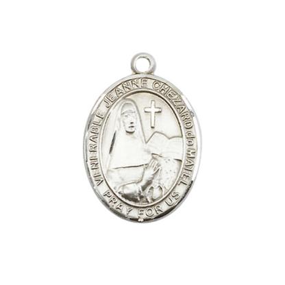 Everlasting Light Jewelry Medium Men's Pewter Jeanne Chezard de Matel Medal Pendant on 24 Inch Endless Rhodium Plated Heavy Curb Brass Chain, Catholic Religious Necklace - Made in USA- Deluxe Velvet Gift Box