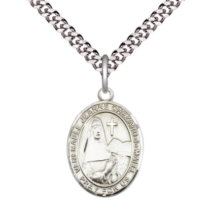 Medium Men's .925 Sterling Silver Jeanne Chezard de Matel Medal Pendant on 24 Inch Endless Rhodium Plated Heavy Curb Brass Chain ,Catholic Religious Necklace -Made in USA- Deluxe Velvet Gift Box