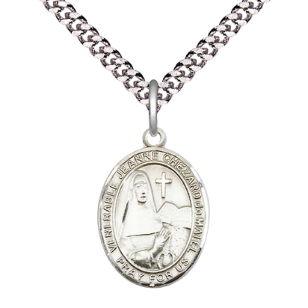 Everlasting Light Jewelry Medium Men's Pewter Jeanne Chezard de Matel Medal Pendant on 24 Inch Endless Rhodium Plated Heavy Curb Brass Chain, Catholic Religious Necklace - Made in USA- Deluxe Velvet Gift Box