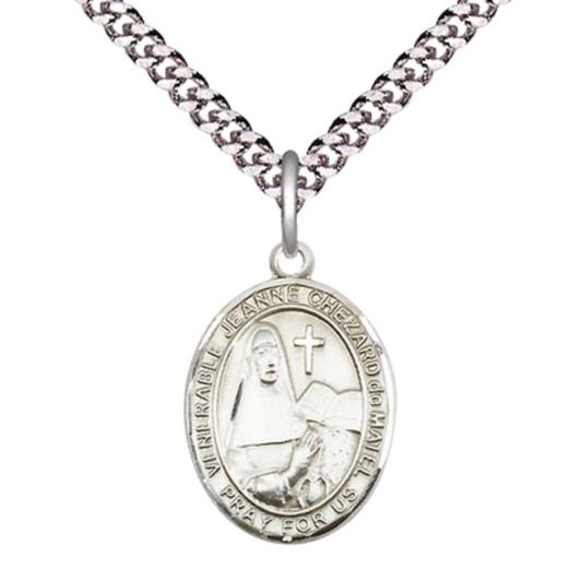 Everlasting Light Jewelry Medium Men's Pewter Jeanne Chezard de Matel Medal Pendant on 24 Inch Endless Rhodium Plated Heavy Curb Brass Chain, Catholic Religious Necklace - Made in USA- Deluxe Velvet Gift Box