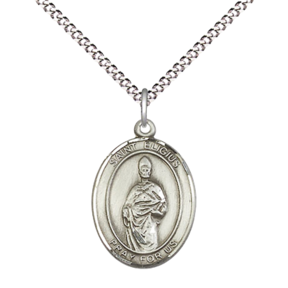 Everlasting Light Jewelry Medium Women's .925 Sterling Silver Saint St. Eligius Pendant Necklace on 18- inch Rhodium- Plated Lite Curb Brass Chain, Catholic Medal – Velvet Gift Box Included – Patron Saint St. of Metalworkers