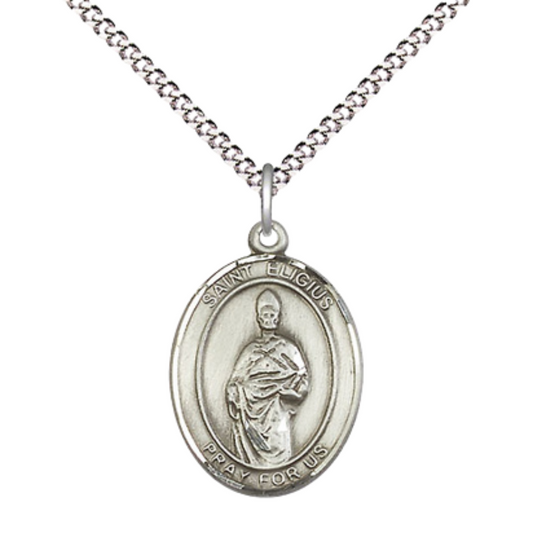 Everlasting Light Jewelry Medium Women's .925 Sterling Silver Saint St. Eligius Pendant Necklace on 18- inch Rhodium- Plated Lite Curb Brass Chain, Catholic Medal – Velvet Gift Box Included – Patron Saint St. of Metalworkers