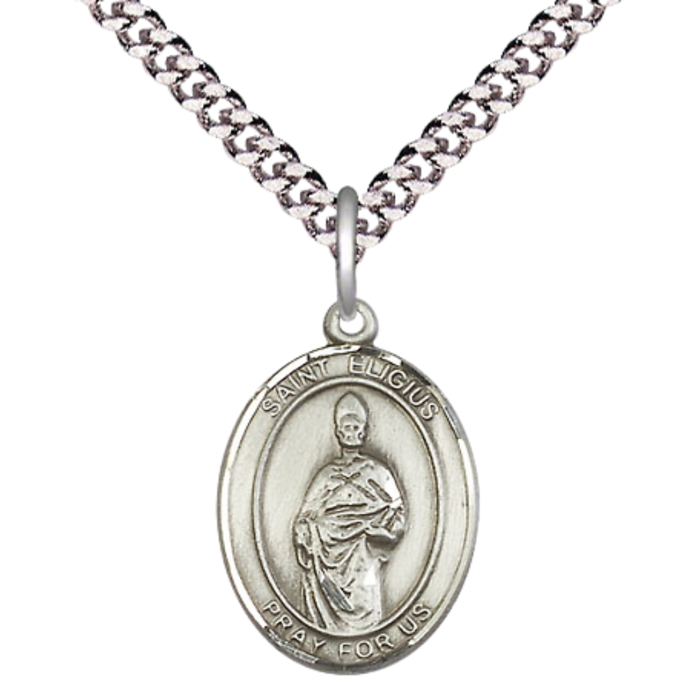 Mens Medium Oval .925 Sterling Silver Saint St. Eligius Medal Pendant on 24 Inch Rhodium Plated Heavy Curb Brass Chain w/ Lobster Claw Clasp, Catholic Religious Necklace - Made in USA- Velvet Gift Box