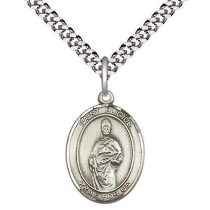 Medium Men's .925 Sterling Silver Saint Eligius Medal Pendant on 24 Inch Endless Rhodium Plated Heavy Curb Brass Chain, Catholic Religious Necklace -Made in USA- Deluxe Velvet Gift Box