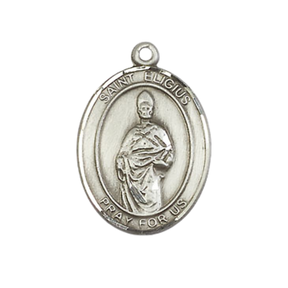 Mens Medium Oval Pewter Saint Eligius Medal Pendant on 24 Inch Rhodium Plated Heavy Curb Brass Chain with Lobster Claw Clasp, Catholic Religious Necklace -Made in USA- Deluxe Velvet Gift Box