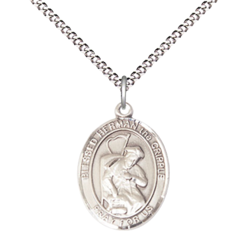 Everlasting Light Jewelry Medium Women's .925 Sterling Silver Blessed Herman the Cripple Pendant Necklace on 18- inch Rhodium- Plated Lite Curb Brass Chain, Catholic Medal – Velvet Gift Box Included
