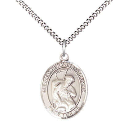Medium Women's Pewter Blessed Herman the Cripple Pendant Necklace on 18-inch Rhodium-Plated Lite Curb Brass Chain – 3/4-inch Medal with Lobster Claw Clasp – Velvet Gift Box Included