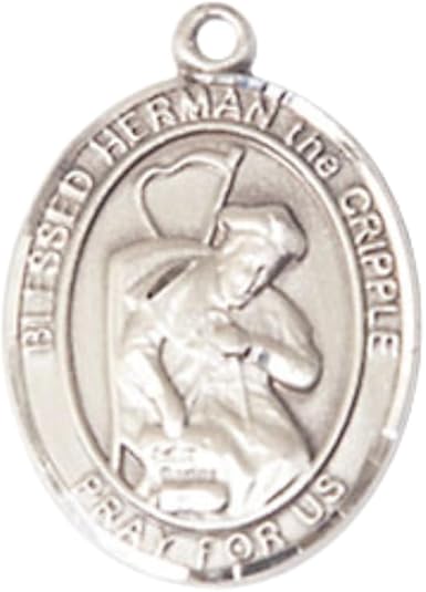 Medium Men's .925 Sterling Silver Blessed Herman the Cripple Medal Pendant on 24 Inch Endless Rhodium Plated Heavy Curb Chain,Catholic Religious Necklace -Made in USA- Velvet Gift Box