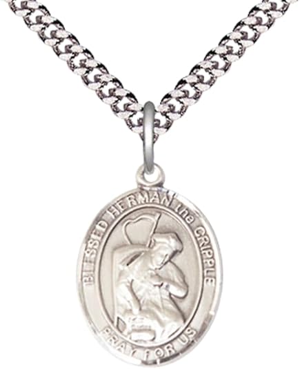 Everlasting Light Jewelry Medium Pewter Blessed Herman the Cripple Medal Pendant on 24 Inch Endless Rhodium Plated Heavy Curb Brass Chain, Catholic Religious Necklace - Made in USA- Deluxe Velvet Gift Box