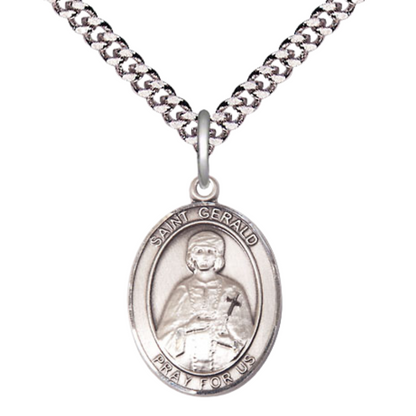 Mens Medium Oval Pewter Saint St. Gerald Medal Pendant on 24 Inch Rhodium Plated Heavy Curb Brass Chain with Lobster Claw Clasp, Catholic Religious Necklace - Made in USA- Deluxe Velvet Gift Box
