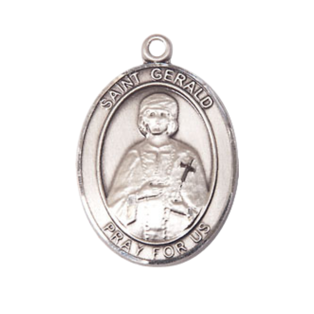 Everlasting Light Jewelry Medium Men's Pewter Saint St. Gerald Medal Pendant on 24 Inch Endless Rhodium Plated Heavy Curb Brass Chain, Catholic Religious Necklace - Made in USA- Deluxe Velvet Gift Box