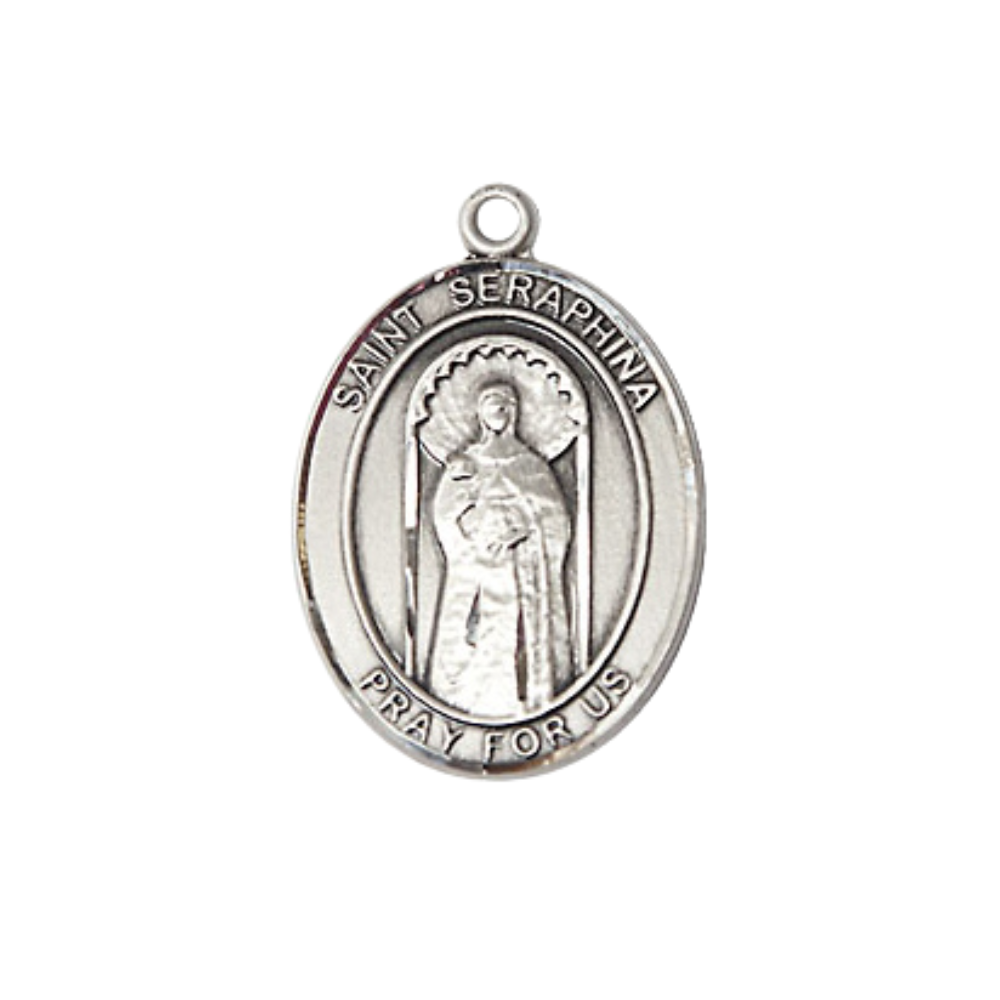 Everlasting Light Jewelry Medium Women's Pewter Saint St. Seraphina Pendant Necklace on 18- inch Rhodium- Plated Lite Curb Brass Chain – 3/4- inch Medal with Lobster Claw Clasp, Catholic Medal – Velvet Gift Box Included