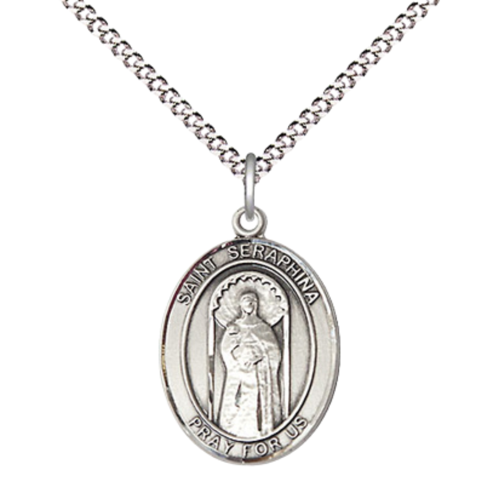 Everlasting Light Jewelry Medium Women's Pewter Saint St. Seraphina Pendant Necklace on 18- inch Rhodium- Plated Lite Curb Brass Chain – 3/4- inch Medal with Lobster Claw Clasp, Catholic Medal – Velvet Gift Box Included