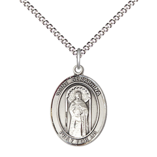 Everlasting Light Jewelry Medium Women's .925 Sterling Silver Saint St. Seraphina Pendant Necklace on 18- inch Rhodium- Plated Lite Curb Brass Chain, Catholic Medal – Velvet Gift Box Included